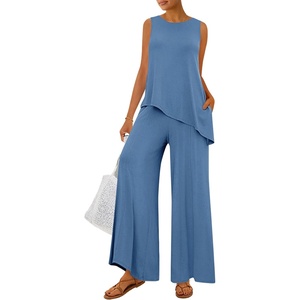 image:imagePRETTYGARDEN Womens 2026 Two Piece Matching Lounge Sets Asymmetrical Split Tank Tops Wide Leg Pants Summer Outfits TracksuitBlue