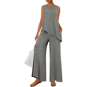 image:imagePRETTYGARDEN Womens 2026 Two Piece Matching Lounge Sets Asymmetrical Split Tank Tops Wide Leg Pants Summer Outfits TracksuitGrey