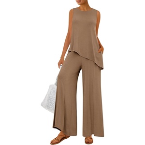 image:imagePRETTYGARDEN Womens 2026 Two Piece Matching Lounge Sets Asymmetrical Split Tank Tops Wide Leg Pants Summer Outfits TracksuitKhaki