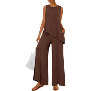 image:imagePRETTYGARDEN Womens 2026 Two Piece Matching Lounge Sets Asymmetrical Split Tank Tops Wide Leg Pants Summer Outfits TracksuitLight Coffee