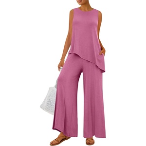 image:imagePRETTYGARDEN Womens 2026 Two Piece Matching Lounge Sets Asymmetrical Split Tank Tops Wide Leg Pants Summer Outfits TracksuitPink