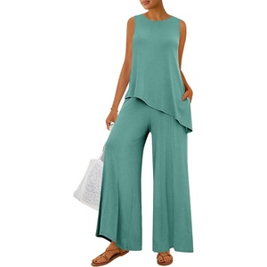 image:imagePRETTYGARDEN Womens 2026 Two Piece Matching Lounge Sets Asymmetrical Split Tank Tops Wide Leg Pants Summer Outfits TracksuitSage Green