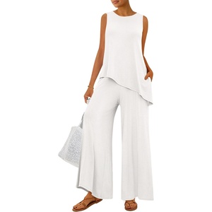 image:imagePRETTYGARDEN Womens 2026 Two Piece Matching Lounge Sets Asymmetrical Split Tank Tops Wide Leg Pants Summer Outfits TracksuitWhite