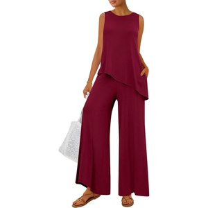 image:imagePRETTYGARDEN Womens 2026 Two Piece Matching Lounge Sets Asymmetrical Split Tank Tops Wide Leg Pants Summer Outfits TracksuitWine Red