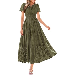 image:imagePRETTYGARDEN Womens Maxi Dress 2026 Floral Summer Spring Embroidered Boho Short Sleeve V Neck A Line Wedding Guest DressesArmy Green