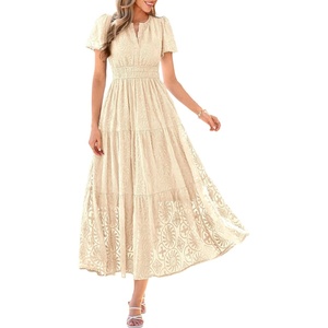 image:imagePRETTYGARDEN Womens Maxi Dress 2026 Floral Summer Spring Embroidered Boho Short Sleeve V Neck A Line Wedding Guest DressesBeige