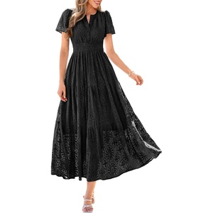 image:imagePRETTYGARDEN Womens Maxi Dress 2026 Floral Summer Spring Embroidered Boho Short Sleeve V Neck A Line Wedding Guest DressesBlack