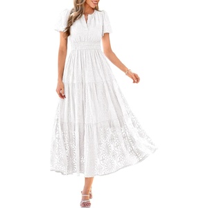 image:imagePRETTYGARDEN Womens Maxi Dress 2026 Floral Summer Spring Embroidered Boho Short Sleeve V Neck A Line Wedding Guest DressesWhite