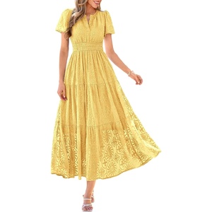 image:imagePRETTYGARDEN Womens Maxi Dress 2026 Floral Summer Spring Embroidered Boho Short Sleeve V Neck A Line Wedding Guest DressesYellow