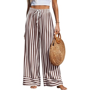 image:imagePRETTYGARDEN Womens Palazzo Pants 2026 Summer Striped Wide Leg Trousers Elastic Waist Flowy Lounge Pant PocketsStriped White Brown