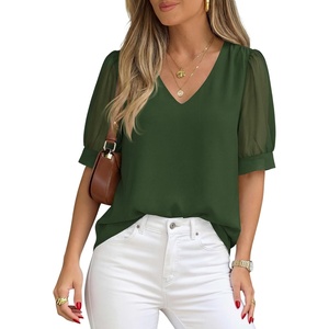 image:imagePRETTYGARDEN Womens Tops Dressy Casual Puff Sleeve Chiffon Blouses V Neck Business Work Shirts 2026 Summer Fashion ClothingArmy Green