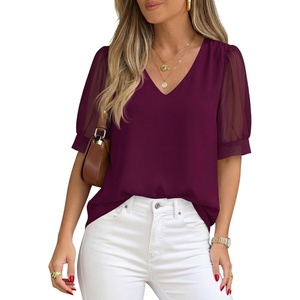 image:imagePRETTYGARDEN Womens Tops Dressy Casual Puff Sleeve Chiffon Blouses V Neck Business Work Shirts 2026 Summer Fashion ClothingBurgundy