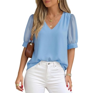 image:imagePRETTYGARDEN Womens Tops Dressy Casual Puff Sleeve Chiffon Blouses V Neck Business Work Shirts 2026 Summer Fashion ClothingLight Blue