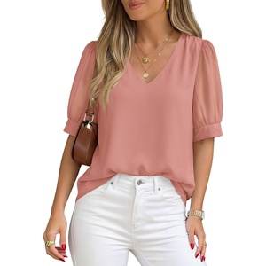 image:imagePRETTYGARDEN Womens Tops Dressy Casual Puff Sleeve Chiffon Blouses V Neck Business Work Shirts 2026 Summer Fashion ClothingPink