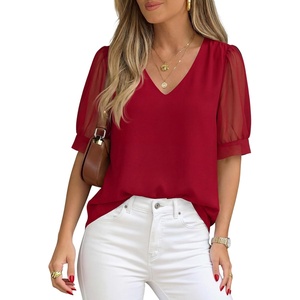 image:imagePRETTYGARDEN Womens Tops Dressy Casual Puff Sleeve Chiffon Blouses V Neck Business Work Shirts 2026 Summer Fashion ClothingRed