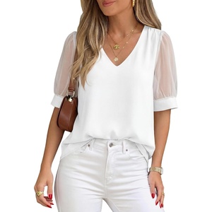 image:imagePRETTYGARDEN Womens Tops Dressy Casual Puff Sleeve Chiffon Blouses V Neck Business Work Shirts 2026 Summer Fashion ClothingWhite