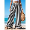 image:imagePRETTYGARDEN Womens Palazzo Pants 2026 Summer Striped Satin Wide Leg High Waisted Flowy Lounge Trousers PocketsStriped Black White