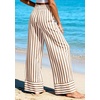 image:imagePRETTYGARDEN Womens Palazzo Pants 2026 Summer Striped Satin Wide Leg High Waisted Flowy Lounge Trousers PocketsStriped Khaki White