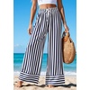 image:imagePRETTYGARDEN Womens Palazzo Pants 2026 Summer Striped Satin Wide Leg High Waisted Flowy Lounge Trousers PocketsStriped Navy White