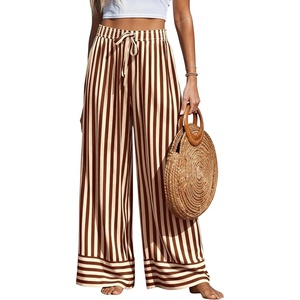 image:imagePRETTYGARDEN Womens Palazzo Pants 2026 Summer Striped Satin Wide Leg High Waisted Flowy Lounge Trousers PocketsStriped Apricot Red Brown