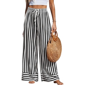 image:imagePRETTYGARDEN Womens Palazzo Pants 2026 Summer Striped Satin Wide Leg High Waisted Flowy Lounge Trousers PocketsStriped Black White