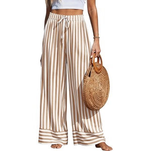 image:imagePRETTYGARDEN Womens Palazzo Pants 2026 Summer Striped Satin Wide Leg High Waisted Flowy Lounge Trousers PocketsStriped Khaki White