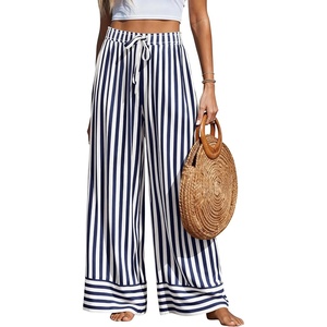 image:imagePRETTYGARDEN Womens Palazzo Pants 2026 Summer Striped Satin Wide Leg High Waisted Flowy Lounge Trousers PocketsStriped Navy White