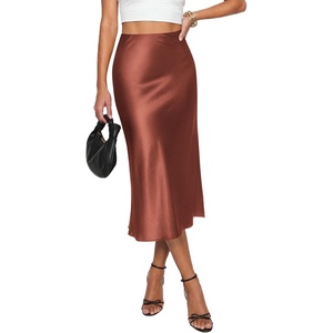 image:imagePRETTYGARDEN Womens Satin Skirt 2026 Summer Silk Business Casual High Waisted A Line Flowy Work Wedding Cocktail Midi SkirtsBrown