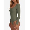 image:imagePRETTYGARDEN Bodysuits for Women 2026 Fall Long Sleeve Body Suits Scoop Neck Ribbed Knit Fitted Basic Tops Soft Tee ShirtsArmy Green