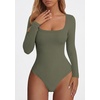 image:imagePRETTYGARDEN Bodysuits for Women 2026 Fall Long Sleeve Body Suits Scoop Neck Ribbed Knit Fitted Basic Tops Soft Tee ShirtsArmy Green