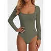 image:imagePRETTYGARDEN Bodysuits for Women 2026 Fall Long Sleeve Body Suits Scoop Neck Ribbed Knit Fitted Basic Tops Soft Tee ShirtsArmy Green