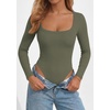 image:imagePRETTYGARDEN Bodysuits for Women 2026 Fall Long Sleeve Body Suits Scoop Neck Ribbed Knit Fitted Basic Tops Soft Tee ShirtsArmy Green