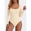image:imagePRETTYGARDEN Bodysuits for Women 2026 Fall Long Sleeve Body Suits Scoop Neck Ribbed Knit Fitted Basic Tops Soft Tee ShirtsBeige