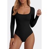 image:imagePRETTYGARDEN Bodysuits for Women 2026 Fall Long Sleeve Body Suits Scoop Neck Ribbed Knit Fitted Basic Tops Soft Tee ShirtsBlack