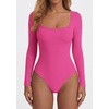 image:imagePRETTYGARDEN Bodysuits for Women 2026 Fall Long Sleeve Body Suits Scoop Neck Ribbed Knit Fitted Basic Tops Soft Tee ShirtsBright Pink