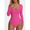 image:imagePRETTYGARDEN Bodysuits for Women 2026 Fall Long Sleeve Body Suits Scoop Neck Ribbed Knit Fitted Basic Tops Soft Tee ShirtsBright Pink