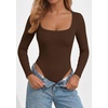 image:imagePRETTYGARDEN Bodysuits for Women 2026 Fall Long Sleeve Body Suits Scoop Neck Ribbed Knit Fitted Basic Tops Soft Tee ShirtsBrown