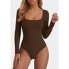 image:imagePRETTYGARDEN Bodysuits for Women 2026 Fall Long Sleeve Body Suits Scoop Neck Ribbed Knit Fitted Basic Tops Soft Tee ShirtsBrown