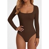 image:imagePRETTYGARDEN Bodysuits for Women 2026 Fall Long Sleeve Body Suits Scoop Neck Ribbed Knit Fitted Basic Tops Soft Tee ShirtsBrown