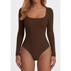 image:imagePRETTYGARDEN Bodysuits for Women 2026 Fall Long Sleeve Body Suits Scoop Neck Ribbed Knit Fitted Basic Tops Soft Tee ShirtsBrown