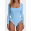 image:imagePRETTYGARDEN Bodysuits for Women 2026 Fall Long Sleeve Body Suits Scoop Neck Ribbed Knit Fitted Basic Tops Soft Tee ShirtsLight Blue