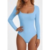 image:imagePRETTYGARDEN Bodysuits for Women 2026 Fall Long Sleeve Body Suits Scoop Neck Ribbed Knit Fitted Basic Tops Soft Tee ShirtsLight Blue