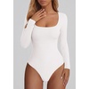 image:imagePRETTYGARDEN Bodysuits for Women 2026 Fall Long Sleeve Body Suits Scoop Neck Ribbed Knit Fitted Basic Tops Soft Tee ShirtsWhite