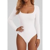 image:imagePRETTYGARDEN Bodysuits for Women 2026 Fall Long Sleeve Body Suits Scoop Neck Ribbed Knit Fitted Basic Tops Soft Tee ShirtsWhite
