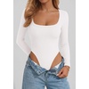 image:imagePRETTYGARDEN Bodysuits for Women 2026 Fall Long Sleeve Body Suits Scoop Neck Ribbed Knit Fitted Basic Tops Soft Tee ShirtsWhite