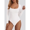 image:imagePRETTYGARDEN Bodysuits for Women 2026 Fall Long Sleeve Body Suits Scoop Neck Ribbed Knit Fitted Basic Tops Soft Tee ShirtsWhite
