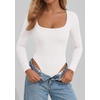 image:imagePRETTYGARDEN Bodysuits for Women 2026 Fall Long Sleeve Body Suits Scoop Neck Ribbed Knit Fitted Basic Tops Soft Tee ShirtsWhite