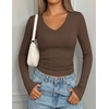 image:imagePRETTYGARDEN Long Sleeve Shirts for Women 2026 Fall V Neck Basic Tee Casual Fitted Ribbed Going Out Tops Kint Y2K ClothesCoffee