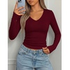 image:imagePRETTYGARDEN Long Sleeve Shirts for Women 2026 Fall V Neck Basic Tee Casual Fitted Ribbed Going Out Tops Kint Y2K ClothesWine Red