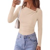 image:imagePRETTYGARDEN Long Sleeve Shirts for Women 2026 Ruched Knit Asymmetrical Tight Fitted Going Out Tops Y2k Fall ClothesBeige